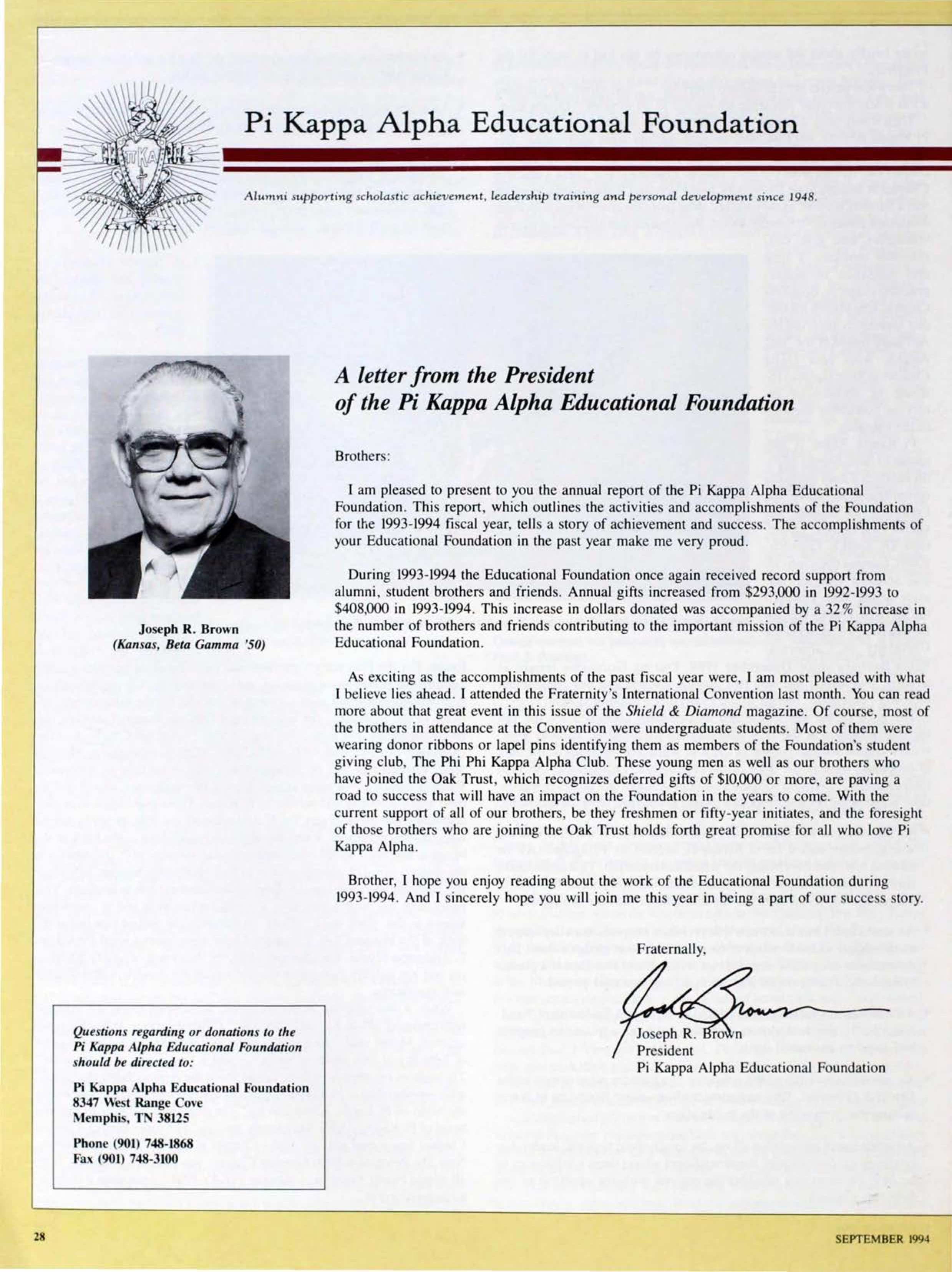 Pi Kappa Alpha Educational Foundation: A Letter From the President of the Pi Kappa Alpha Educational Foundation